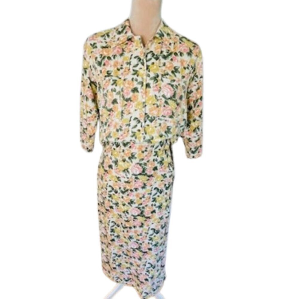 Vintage British Khaki Linen & Cotton Cottagecore Floral Skirt Set Large